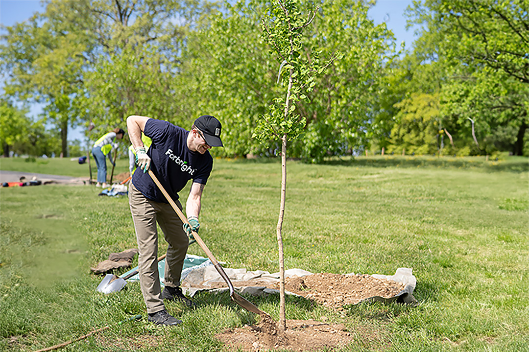 A white, male Forbright employee plants a tree in a park