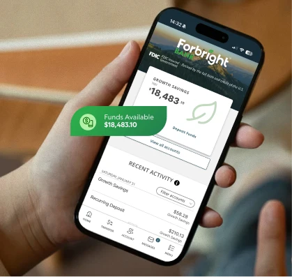 hand holding smartphone with Forbright Bank on screen